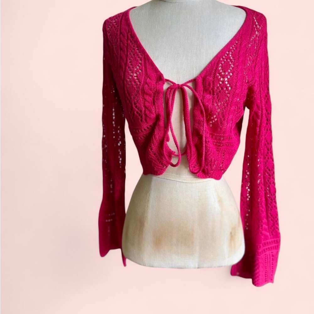 Y2K Pink Crochet Cardigan with Tie Front & Long Sleeves